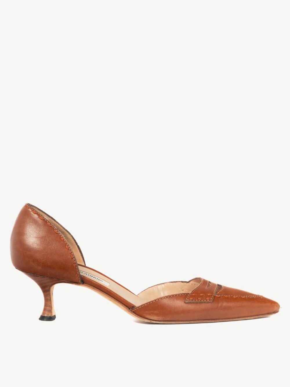 Manolo Blahnik Brown Leather Pointed-Toe Kitten Heels